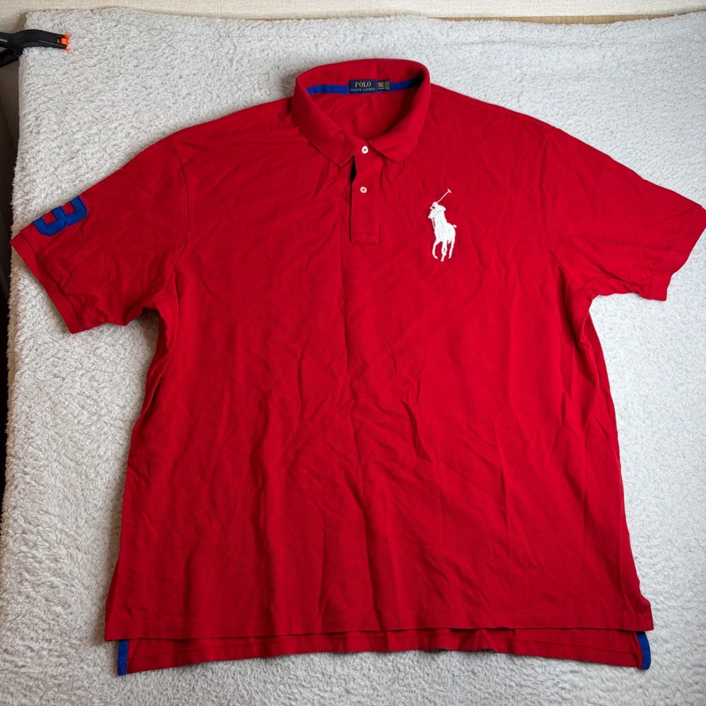 Polo Ralph Lauren Mens 4XLT Red Big Pony Short Sleeve Polo Shirt Blue 3 Patch